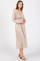 Beige Smocked Square Neck Satin Midi Dress