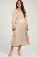 Beige Smocked Square Neck Satin Maternity Midi Dress