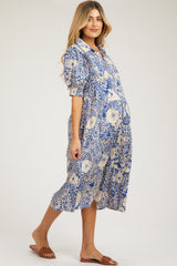 Blue Floral Collared Tiered Maternity Midi Dress