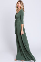 PinkBlush Light Olive Draped 3/4 Sleeve Maxi Dress