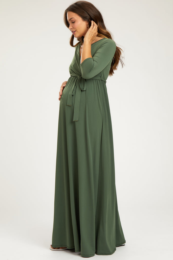 PinkBlush Light Olive Draped 3/4 Sleeve Maternity Maxi Dress