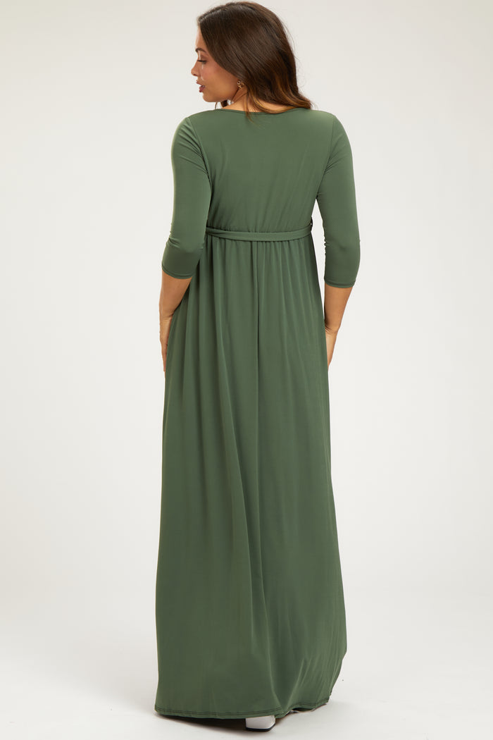 PinkBlush Light Olive Draped 3/4 Sleeve Maternity Maxi Dress