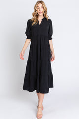 Black Short Sleeve Tiered Maternity Midi Dress