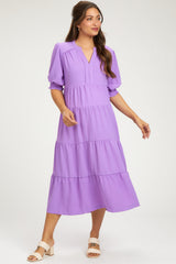 Lavender Short Sleeve Tiered Maternity Midi Dress