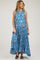 Blue Sleeveless V-Neck Ruffle Neck Tiered Maternity Maxi Dress