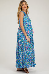 Blue Sleeveless V-Neck Ruffle Neck Tiered Maternity Maxi Dress