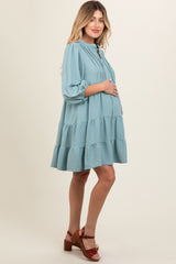 Blue Pleated Front Tie Tiered Maternity Dress