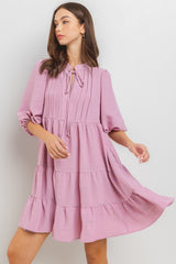 Pink Pleated Front Tie Tiered Dress