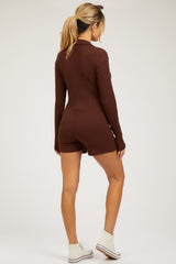 Brown Rib Knit Collared Maternity Romper