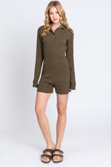 Olive Rib Knit Collared Romper