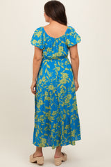 Blue Floral Off Shoulder Puff Sleeve Maternity Midi Dress