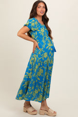 Blue Floral Off Shoulder Puff Sleeve Maternity Midi Dress