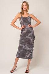 Charcoal Tie Dye Waffle Knit Side Ruched Midi Dress