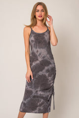 Charcoal Tie Dye Waffle Knit Side Ruched Midi Dress