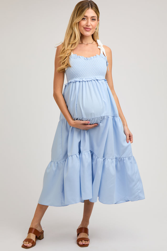 Light Blue Sleeveless Tiered Colorblock Strap Maternity Maxi Dress