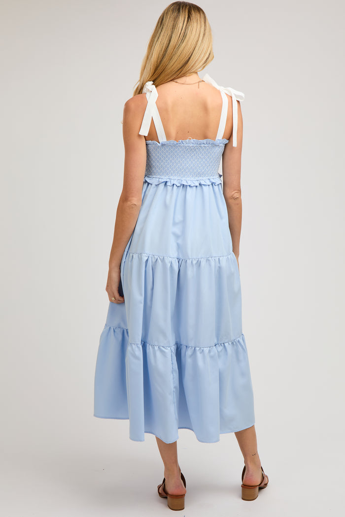 Light Blue Sleeveless Tiered Colorblock Strap Maternity Maxi Dress