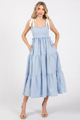 Light Blue Sleeveless Tiered Colorblock Strap Maxi Dress