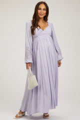 Lavender Lace Accent Long Sleeve Maternity Maxi Dress