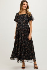 Black Floral Waist Tie Maternity Midi Dress