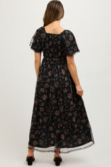 Black Floral Waist Tie Maternity Midi Dress