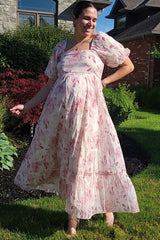 Red Puff Sleeve Square Neck Maternity Dress