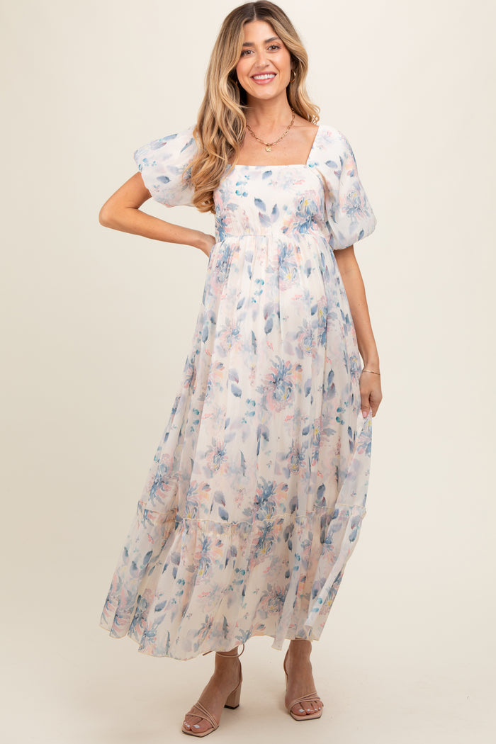 Beige Puff Sleeve Square Neck Maternity Dress