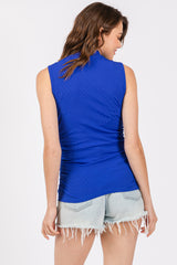 Royal Ribbed Mock Neck Ruched Side Sleeveless Top