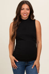 Black Ribbed Mock Neck Ruched Side Sleeveless Maternity Top