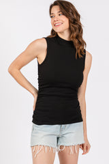 Black Ribbed Mock Neck Ruched Side Sleeveless Maternity Top