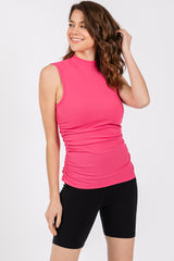 Fuchsia Ribbed Mock Neck Ruched Side Sleeveless Maternity Top