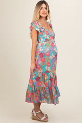 Turquoise Floral Ruffle Sleeve Maternity Midi Dress