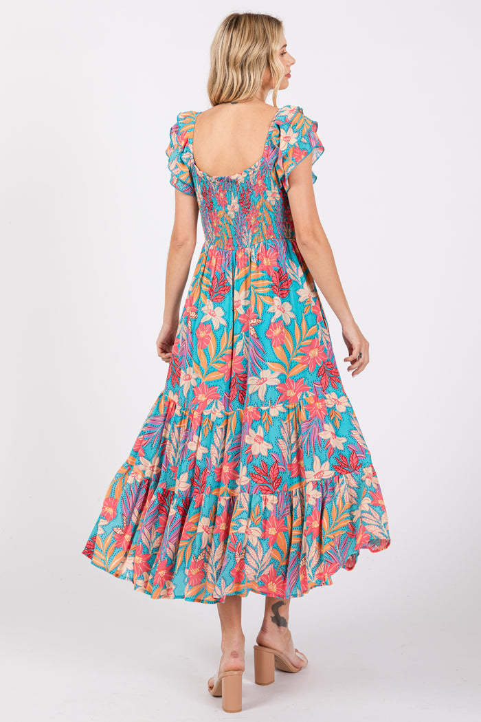 Turquoise Floral Ruffle Sleeve Midi Dress