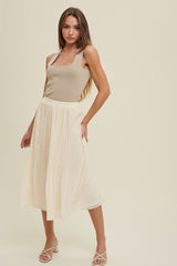 Cream Swiss Dot Pleated Midi Skirt