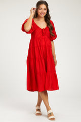 Red Tiered Maternity Midi Dress