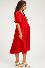 Red Tiered Maternity Midi Dress