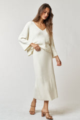 Cream V-Neck Knit Maternity Skirt Set