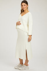 Cream V-Neck Knit Maternity Skirt Set