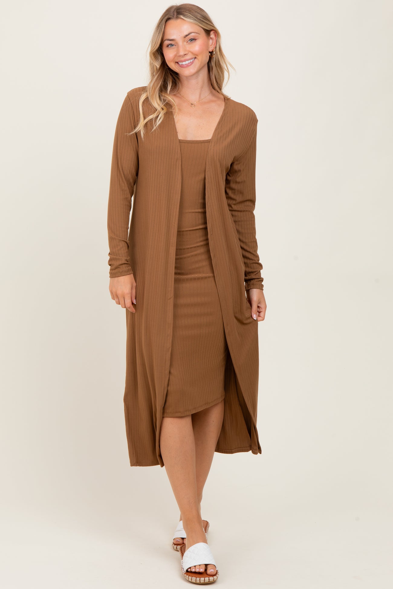 Camel Ribbed Cardigan 2 Piece Maternity Set