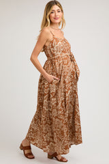 Camel Sleeveless Tie Waist Maternity Midi Dress