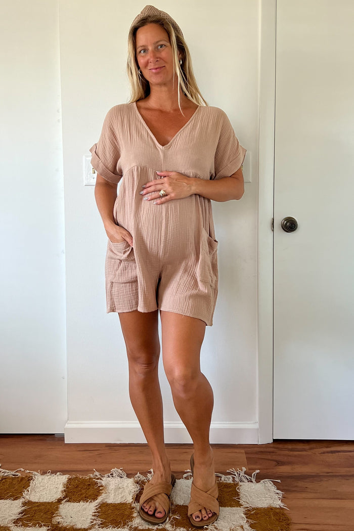 Mocha Gauze Short Sleeve Maternity Romper