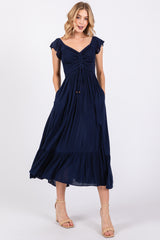 Navy Smocked Ruched Ruffle Hem Maternity Maxi Dress