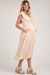 Beige Smocked Ruched Ruffle Hem Maternity Maxi Dress