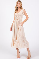 Beige Smocked Ruched Ruffle Hem Maternity Maxi Dress