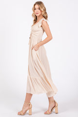 Beige Smocked Ruched Ruffle Hem Maxi Dress