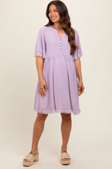 Lavender Button Front Frayed Maternity Dress