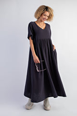 Charcoal Gauze Short Sleeve Maternity Midi Dress