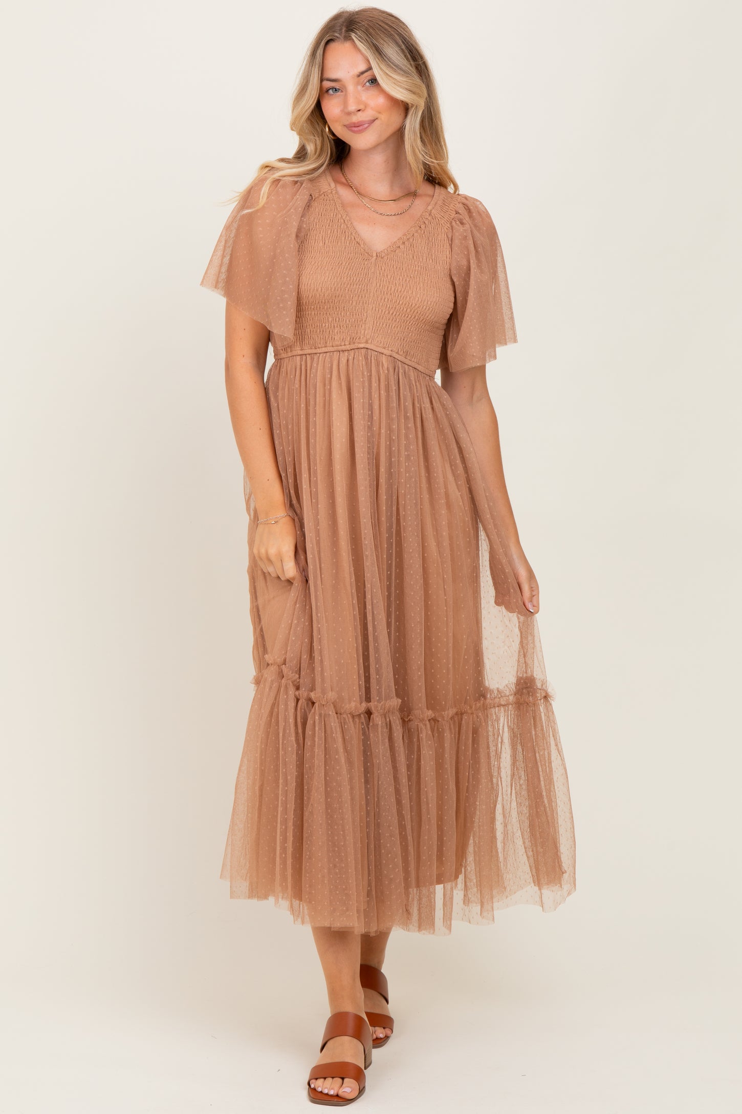 Camel Dotted Tulle Smocked Maternity Midi Dress