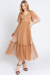 Camel Dotted Tulle Smocked Midi Dress