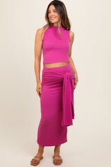 Fuchsia Ribbed Crop Front Knot Midi Skirt Maternity Set