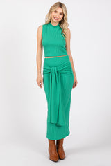 Green Ribbed Crop Front Knot Midi Skirt Set